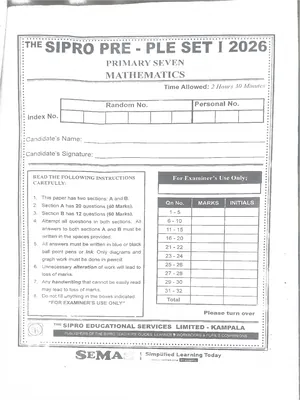 sipro p7 pre ple 2026 set 1 mathematics paper
