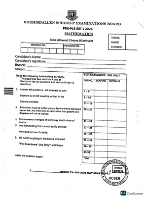 hormisdallen pre ple 2026 set 1 mathematics paper