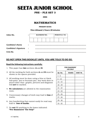 seeta junior pre ple 2026 set 3 mathematics paper