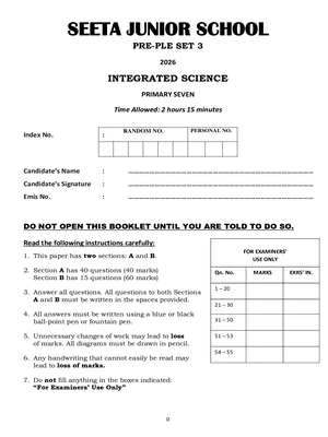seeta junior pre ple 2026 set 3 science paper