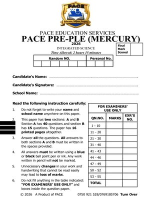 pace pre ple 2026 mercury set science paper