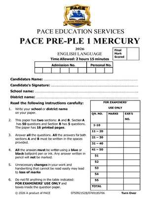 pace pre ple 2026 mercury set english paper