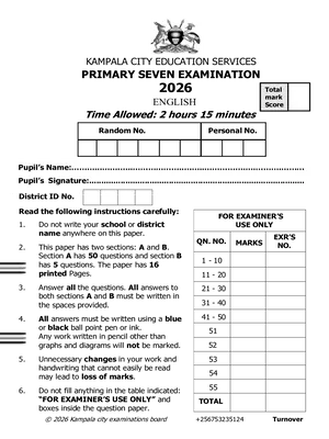 kampala city exams pre ple 2026 set 2 english paper