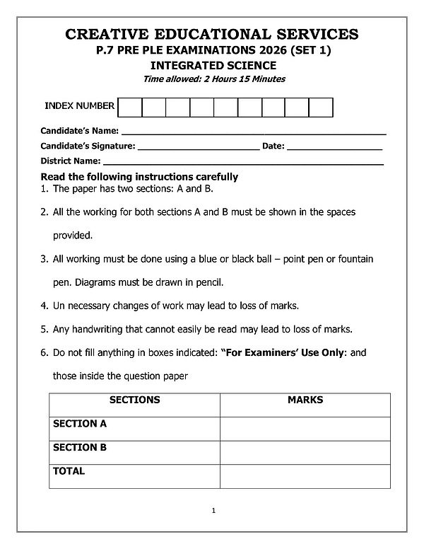 creative educational services p.7 pre ple examinations 2026 (set 1) integrated science