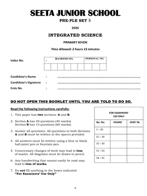 seeta junior school pre ple 2026 set 5 integrated science