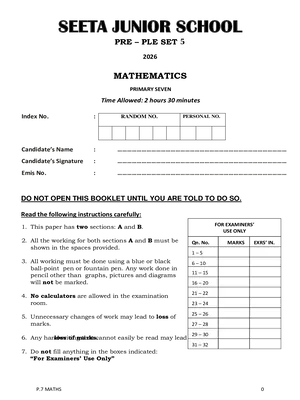 seeta junior school pre ple 2026 set 5 mathematics