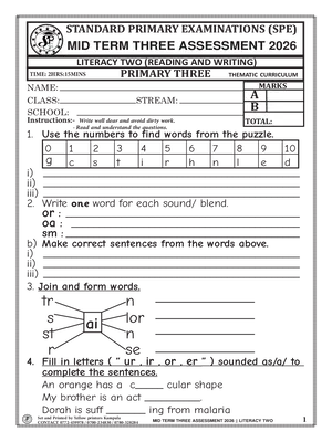 standard primary exams board mid term 3 2026 primary three literacy two (reading and writing) paper