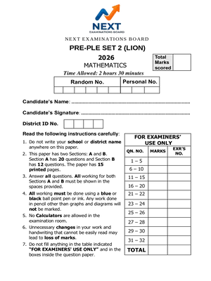 next examinations board pre ple set 2 (lion) 2026 mathematics paper