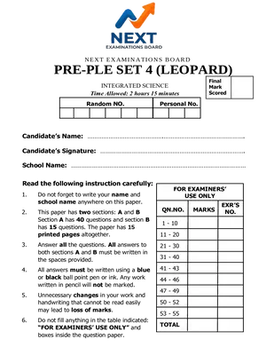 next examinations board pre ple set 4 (leopard) 2026 integrated science paper