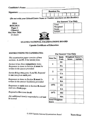 uneb uce 2026 biology paper 1